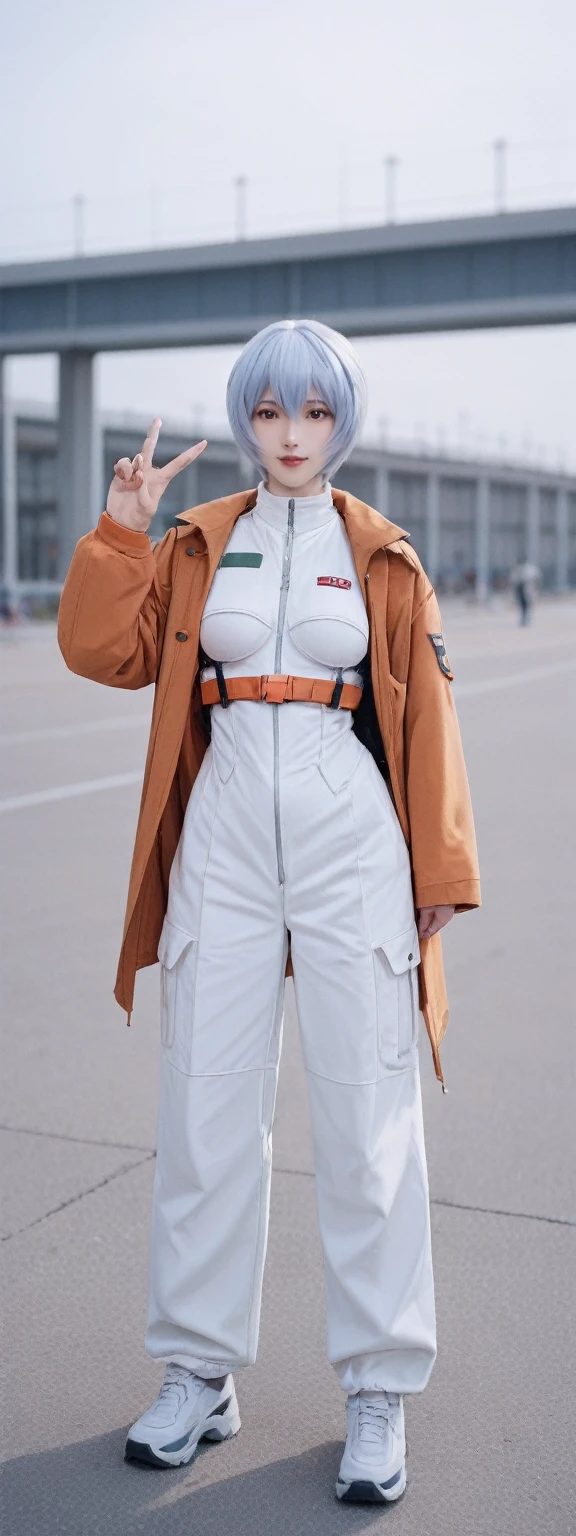 realistic,score_9, score_8_up, score_7_up,
ayanami rei, solo,full body,EVA combat suits, Gel coat,Give a V victory sign,underboob