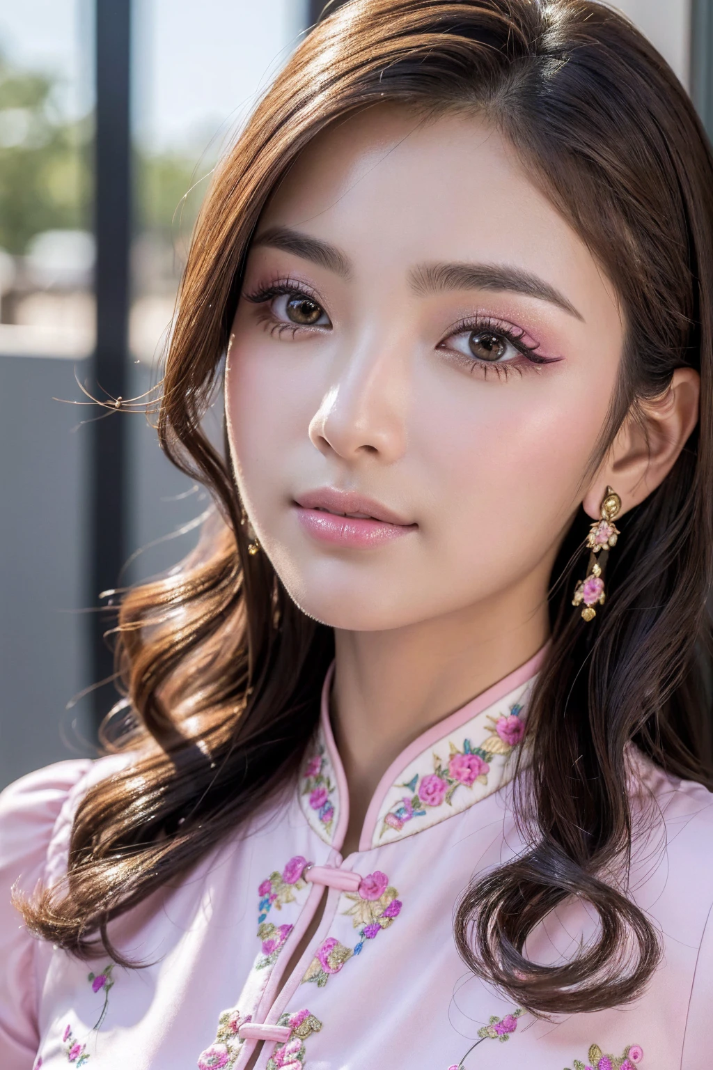 (best quality、4k、8k、high-res、 masterpiece:1.2)、ultra detailed、(realism、photorealistic)、(1woman:1.3 22-year-old)、brown_eyes、((Fujicolor、daytime soft lighting)、fashion supermodel、(long curly hair)、(pink_makeup:1.2) BREAK blue cheongsam (Classic and sexy、Detailed decoration:1.3)、(Fitted clothing:1.3)、dynamic pose、((close-up of her face: 1.33))