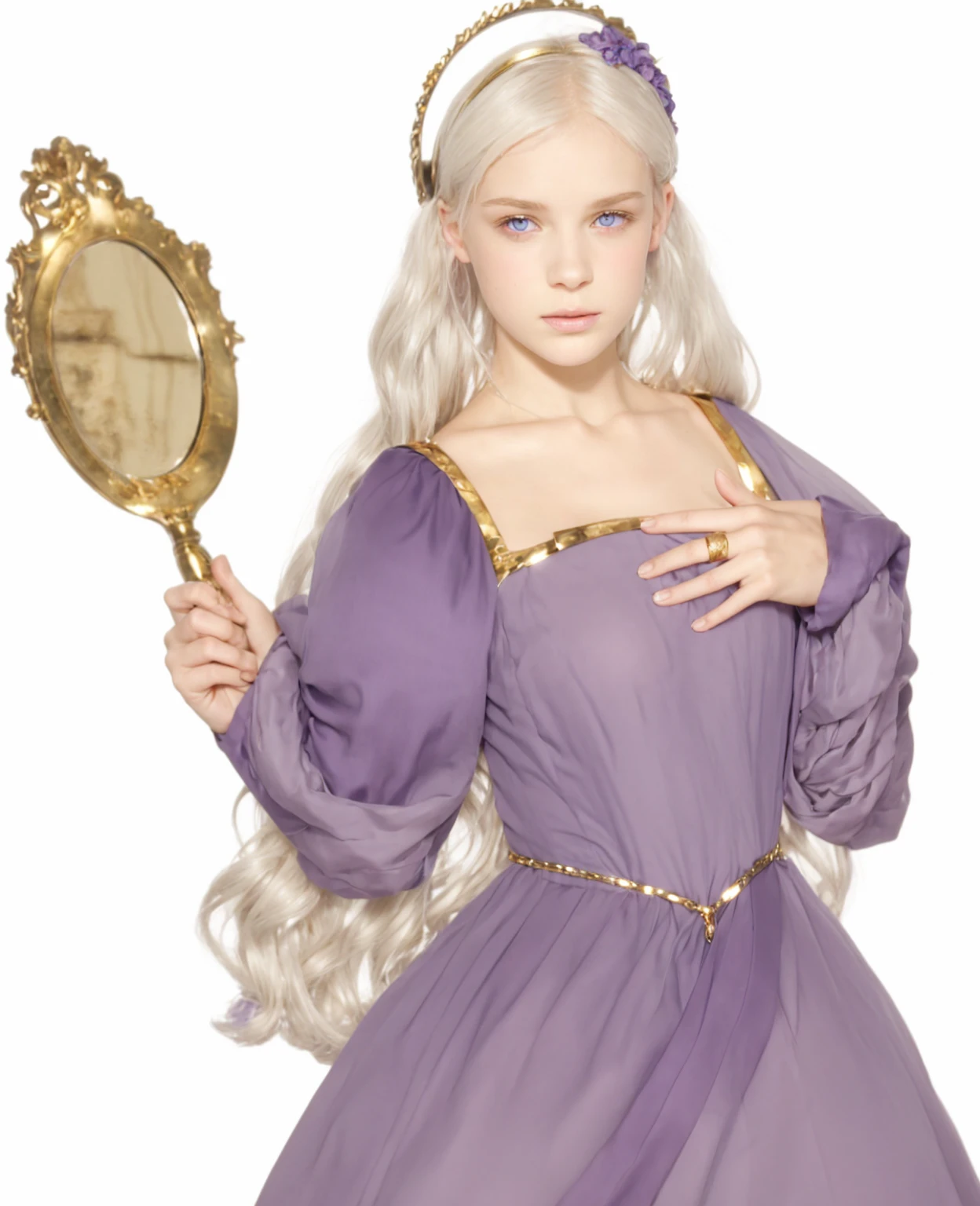 Girl, silver-gold hair, purple eyes, European, lilac hairband, holding a mirror