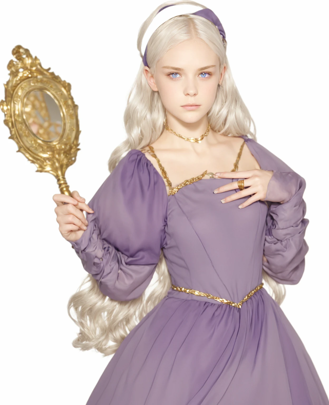 Girl, silver-gold hair, purple eyes, European, lilac hairband, holding a mirror