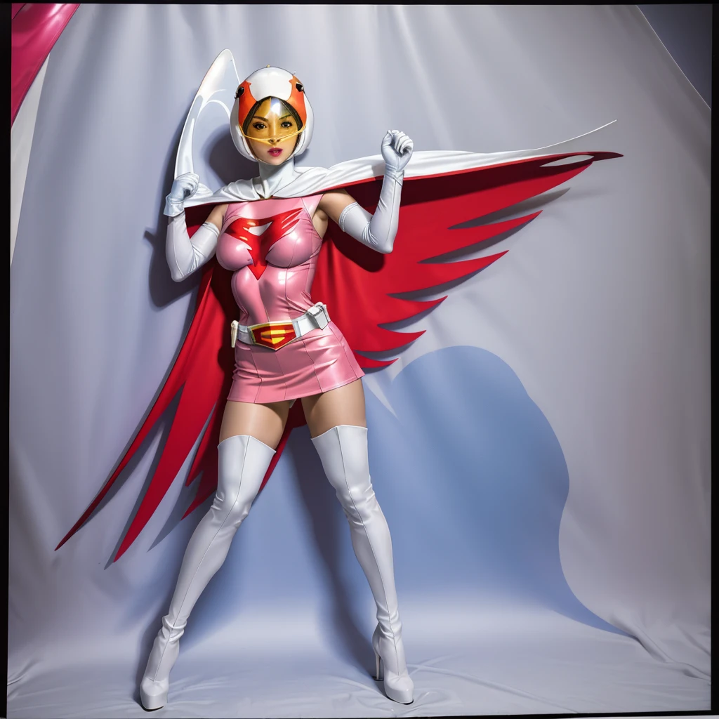 ANI_CLASSIC_jun_gatchaman_ownwaifu,1girl, 15yo,good anatomy, masterpiece, best quality,realistic, hyper realistic, 16k hdr, long hair,breasts,lips,large breasts,lipstick,makeup,gloves,cape,helmet,belt,elbow gloves,white gloves,mask,ultra miniskirt,leotard,spacesuit,white tight overknee highheels boots,pink dress,superhero,bodysuit,cleavage,erected nipples,(fighting poses),cameltoe