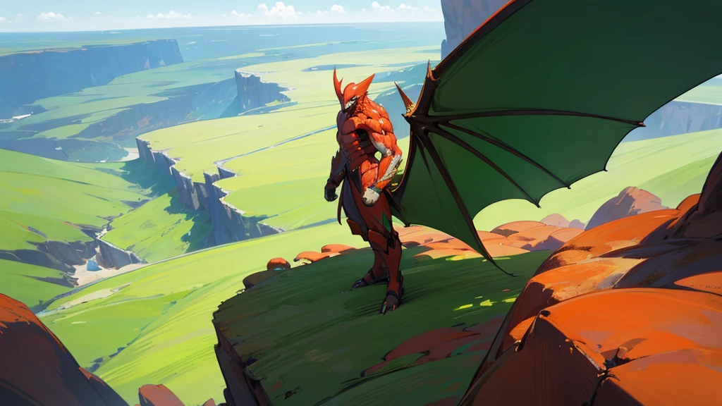 red and green muscular alien in front of camera, green planet, walking, perspective, cliffs in the background, dragon wings on back