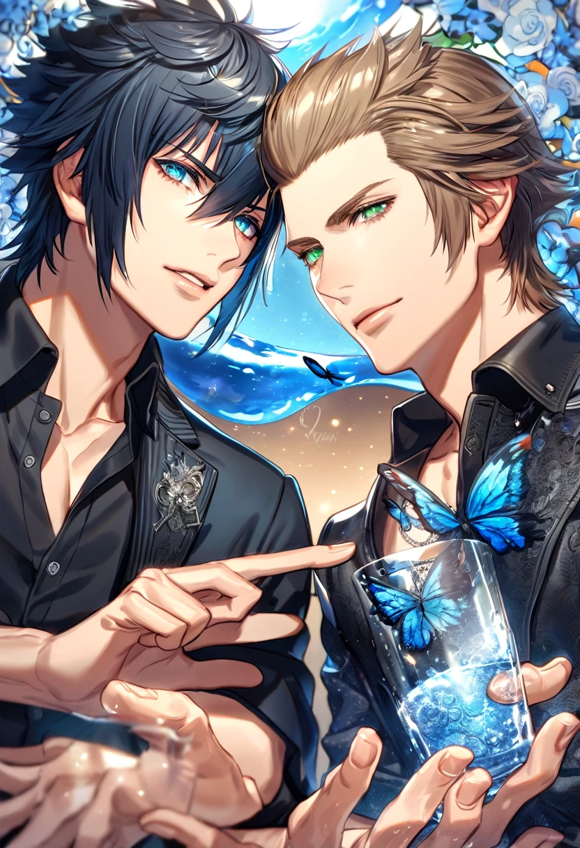 absurdres, highres, ultra detailed, HDR, master piece, best quality, extremely detailed, Noctis Lucis Caelum, black hair, expressive blue eyes, Final Fantasy XV, Ignis Scientia, brown hair, expressive brown eyes, two sexy men together, gay couple, yaoi, handsome, black clothes, fantasy, magic, sparkling, water, blue moon, blue flowers, blue butterflies, blue petals, garden