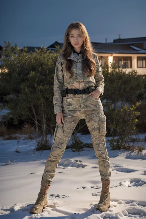 Dramatic，movie style，Russia，Snow，heavy snow，Night view，tense atmosphere， (original photography:1.3), (best quality), (Extremely detailed),(Messy hair),(Inspired by the 007 movie)，(Real stills:1.3)，Full body portrait，007 Style，Female Soldier，Perfect body，blond hair，long golden curly hair，Very detailed face，delicate eyes，((Camouflage:1.2))，armed belt，combat uniform，Long slender legs，Long range shooting，Long distance shooting，Injuried，pain