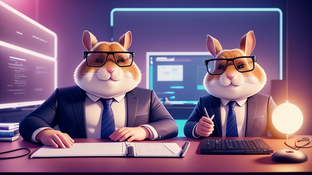 a close up of a tall hamster, looking like a model ,a news reporter posture , facing the viewer , cute face with fat cheeks, dressed in a suit and sunglasses, big chungus boss, neon dark room background, sitting behind a desk , with a laptop and a microphone, realism, in a streamer studio room, neon ambiance , looking to camera, portrait shot 8k, photo portrait, facing the camera , ultra detail, high resolution, ultra detailed, best quality, amazing, top quality, extremely detailed CG unity 8k wallpaper, cinematic lighting.