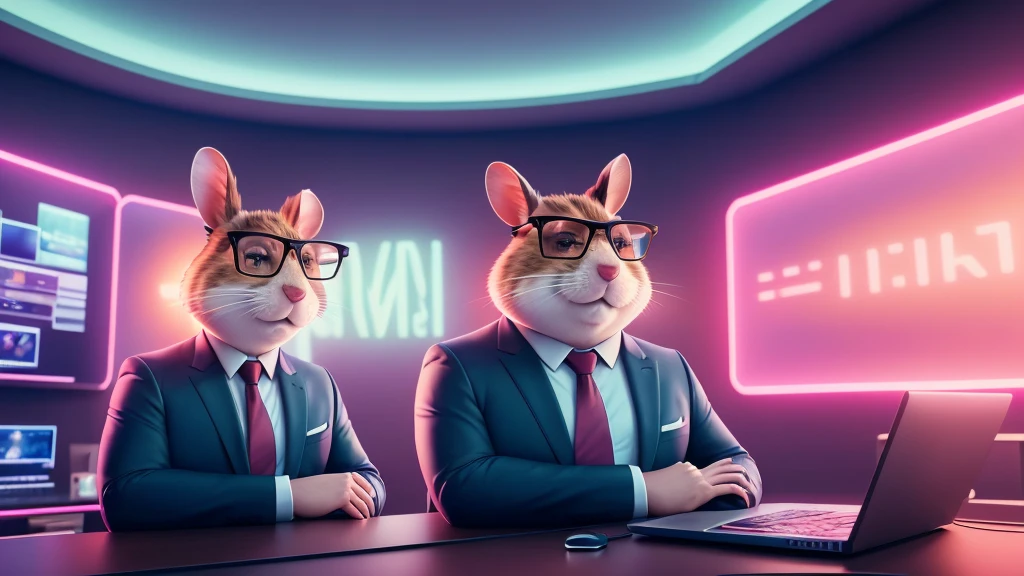 a close up of a tall hamster, looking like a model ,a news reporter posture , facing the viewer , cute face with fat cheeks, dressed in a suit and sunglasses, big chungus boss, neon dark room background, sitting behind a desk , with a laptop and a microphone, realism, in a streamer studio room, neon ambiance , looking to camera, portrait shot 8k, photo portrait, facing the camera , ultra detail, high resolution, ultra detailed, best quality, amazing, top quality, extremely detailed CG unity 8k wallpaper, cinematic lighting.