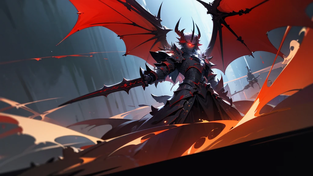 masterpiece, highly detailed CG unified 8K wallpapers, 8k uhd, dslr, high quality, clean, best illumination, a god in a red and black demonic armor, glowing eyes, cinematic, ultra-high resolution, ultra-high detailed, high-definition, shadowverse style, dragon wings on back