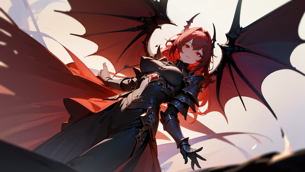 masterpiece, highly detailed CG unified 8K wallpapers, 8k uhd, dslr, high quality, clean, best illumination, a god in a red and black demonic armor, glowing eyes, cinematic, ultra-high resolution, ultra-high detailed, high-definition, shadowverse style, dragon wings on back