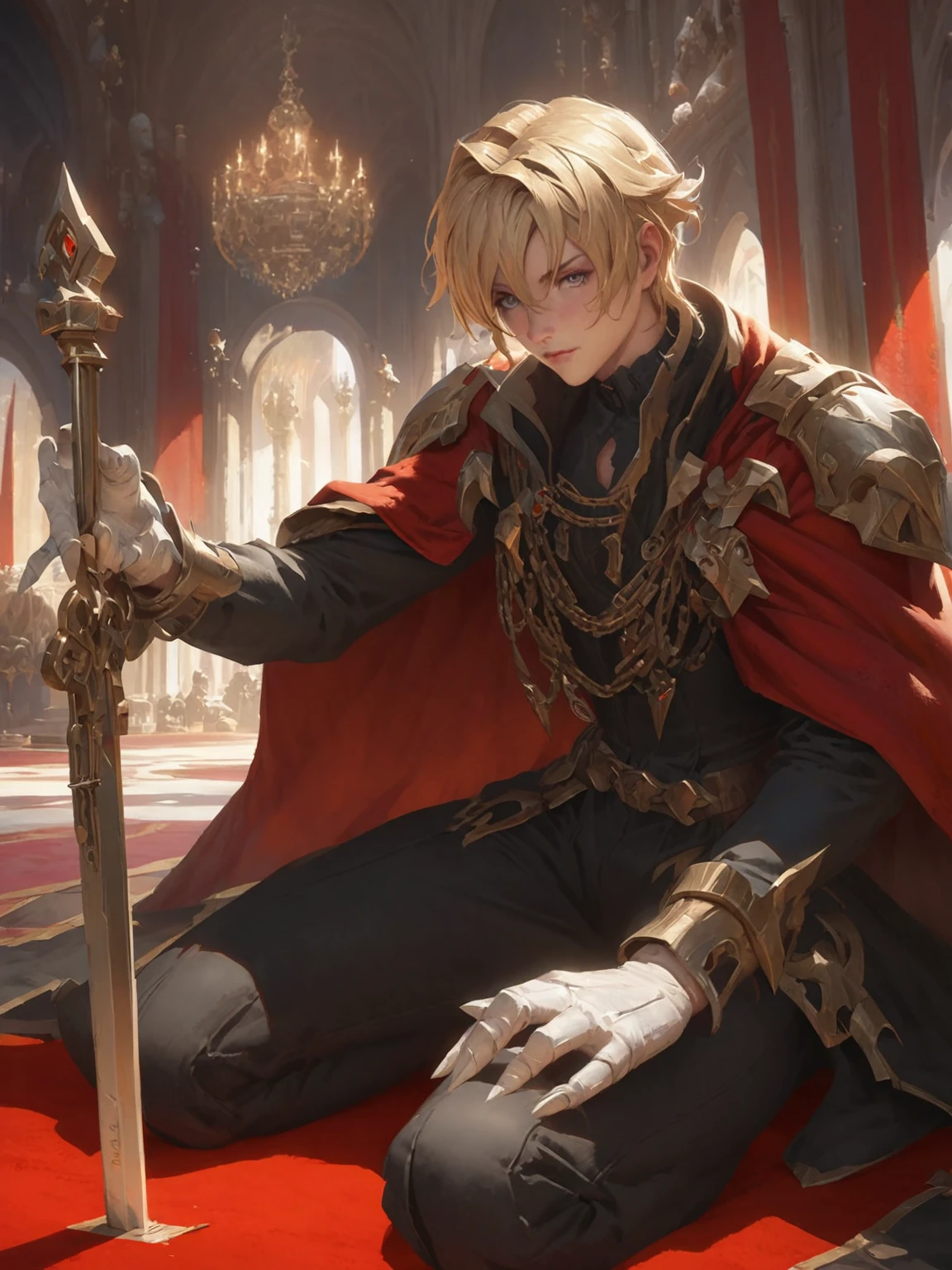 Anime-style image of a man in a red cape sitting on a red carpet, Portrait of the Magical Blonde Prince, Zerochan Art, Inspired by Le Chevalier, Beautiful androgynous prince, artstation pixivでトレンド, detailed Key Anime Art, A delicate androgynous prince, Key Anime Art, guweiz on pixiv artstation