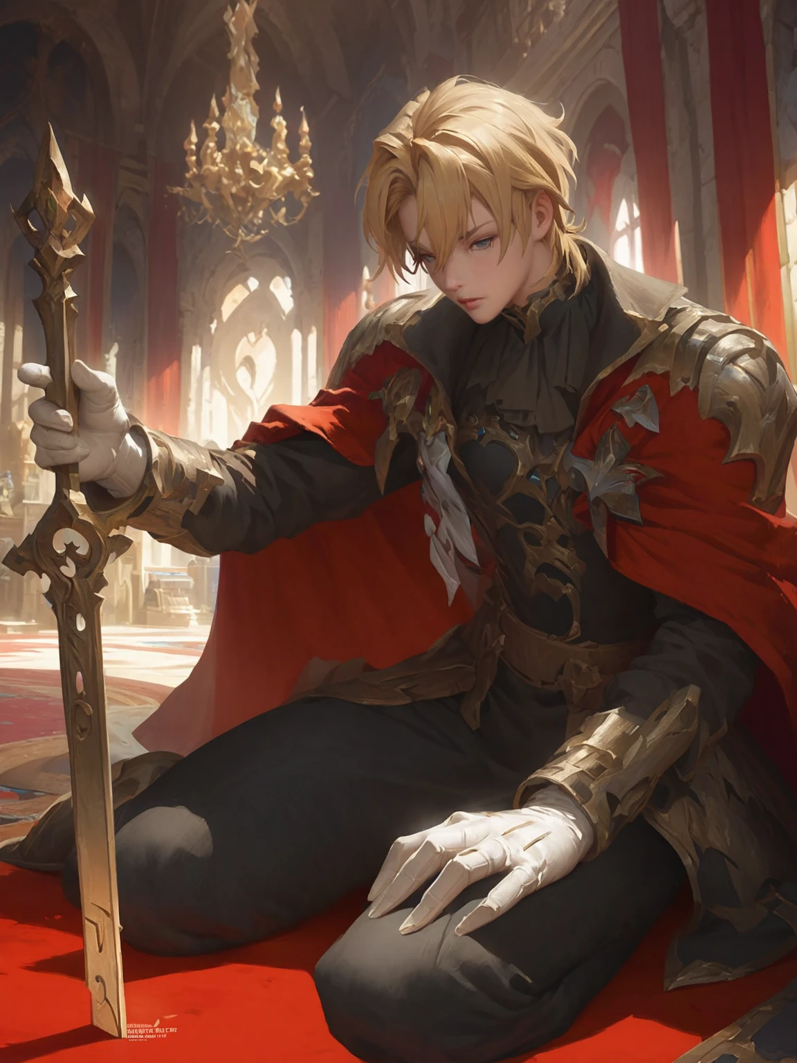 Anime-style image of a man in a red cape sitting on a red carpet, Portrait of the Magical Blonde Prince, Zerochan Art, Inspired by Le Chevalier, Beautiful androgynous prince, artstation pixivでトレンド, detailed Key Anime Art, A delicate androgynous prince, Key Anime Art, guweiz on pixiv artstation