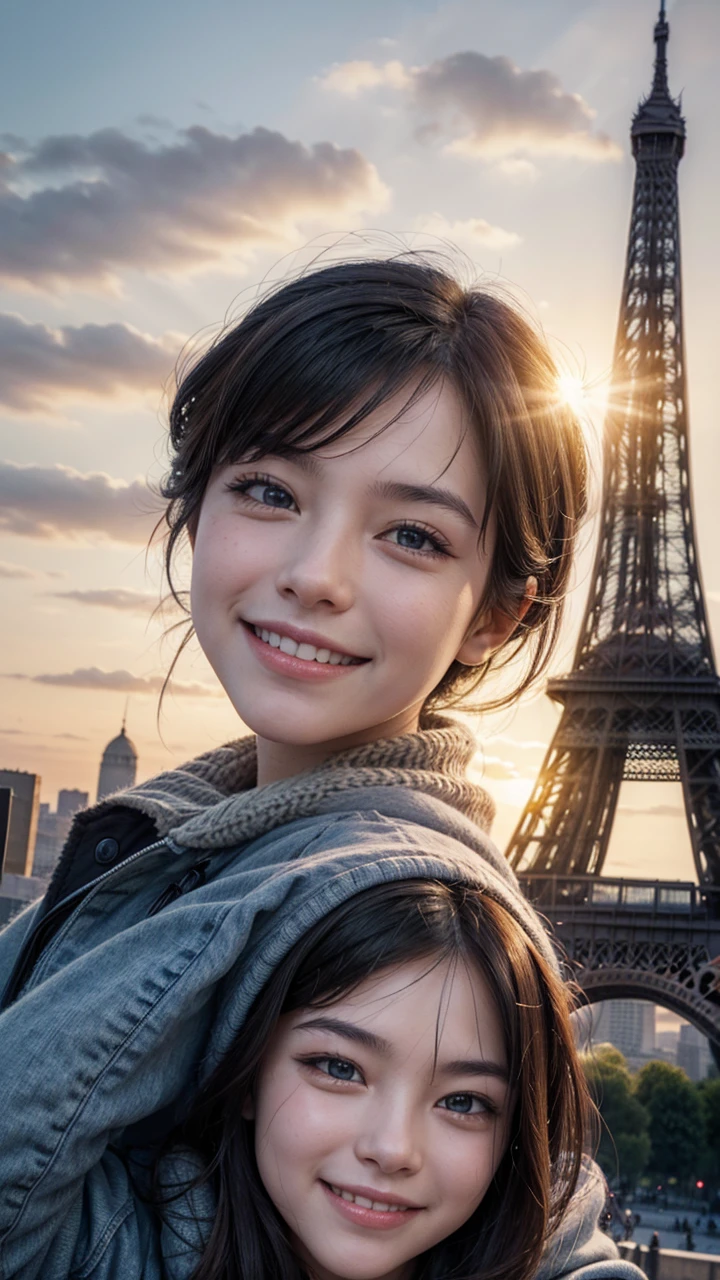 Taking the face as a reference, the image shows this person looking at the camera with a smile and behind him the Eiffel Tower.