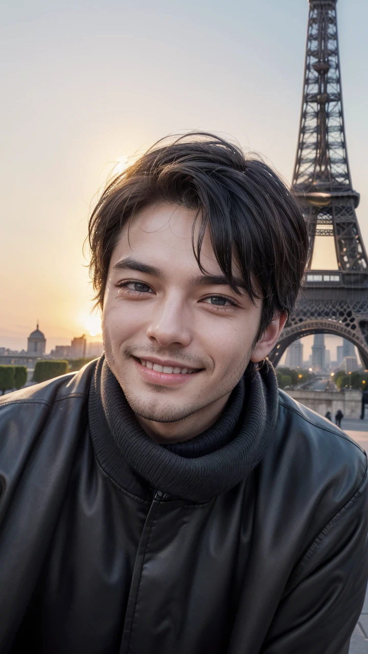 Taking the face as a reference, the image shows this person looking at the camera with a smile and behind him the Eiffel Tower.