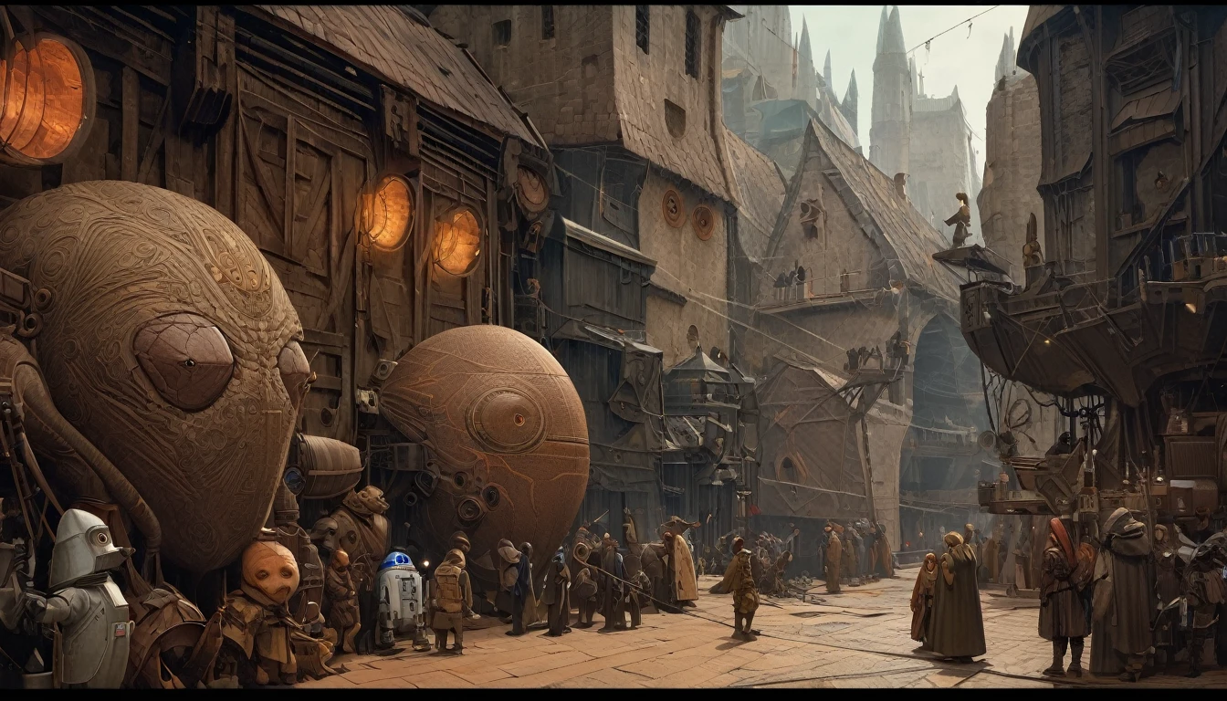 In portrait, characters inspired by the Start Wars universe by Ralph McQuarrie and Dan McPharlin, Wayne Barlowe in a Middle Ages setting, such as peoples interacting with robots, exotic alien beings, inspired by Hieronymus Bosch and Shaun Tan. Directed by George Lucas. ultra detailed, complex, sharp focus, object texture, studio photo, intricate details, highly detailed, Real Photo style, hyper-realistic, high dynamic range, rich colors, realistic textures, 8K uhd, high color depth, Nikon D 850, Kodak 400 port, fujifilm XT, (cinematic film:3.1)