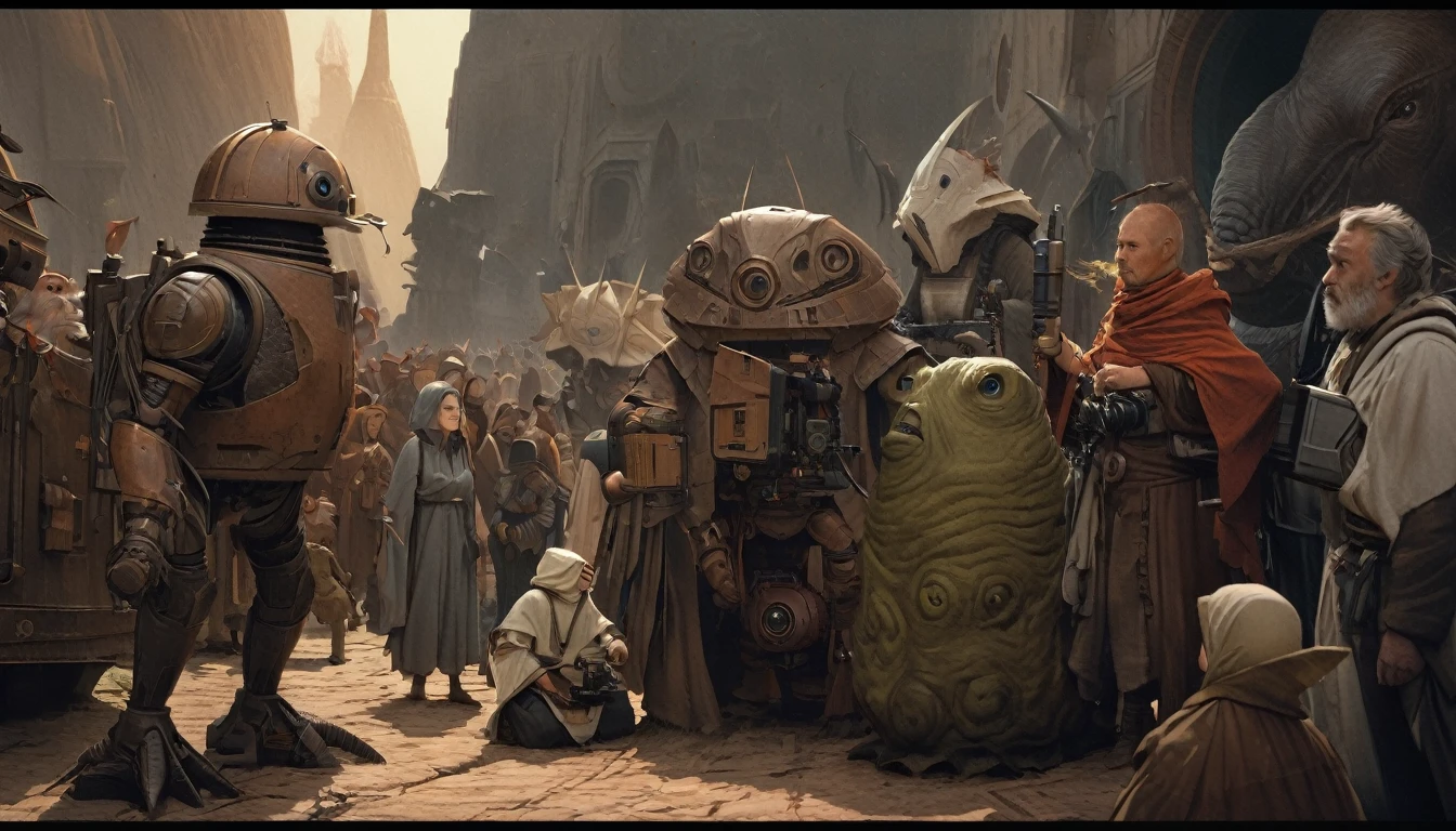 In portrait, characters inspired by the Start Wars universe by Ralph McQuarrie and Dan McPharlin, Wayne Barlowe in a Middle Ages setting, such as peoples interacting with robots, exotic alien beings, inspired by Hieronymus Bosch and Shaun Tan. Directed by George Lucas. ultra detailed, complex, sharp focus, object texture, studio photo, intricate details, highly detailed, Real Photo style, hyper-realistic, high dynamic range, rich colors, realistic textures, 8K uhd, high color depth, Nikon D 850, Kodak 400 port, fujifilm XT, (cinematic film:3.1)
