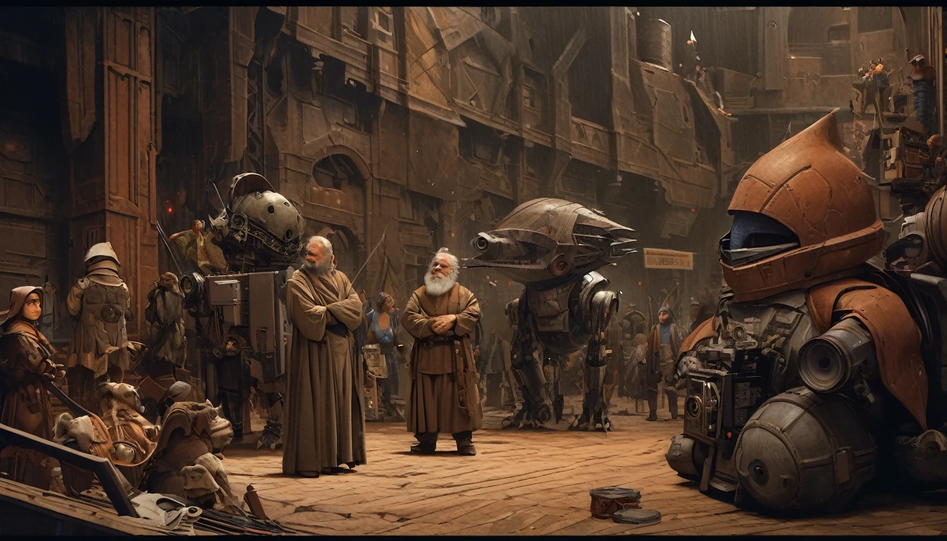 In portrait, characters inspired by the Start Wars universe by Ralph McQuarrie and Dan McPharlin, Wayne Barlowe in a Middle Ages setting, such as peoples interacting with robots, exotic alien beings, inspired by Hieronymus Bosch and Shaun Tan. Directed by George Lucas. ultra detailed, complex, sharp focus, object texture, studio photo, intricate details, highly detailed, Real Photo style, hyper-realistic, high dynamic range, rich colors, realistic textures, 8K uhd, high color depth, Nikon D 850, Kodak 400 port, fujifilm XT, (cinematic film:3.1)