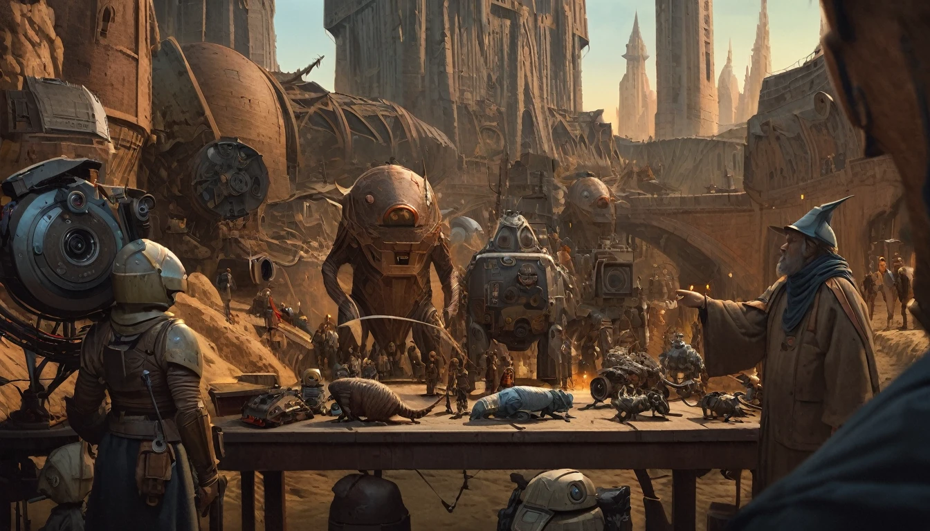 In portrait, characters inspired by the Start Wars universe by Ralph McQuarrie and Dan McPharlin, Wayne Barlowe in a Middle Ages setting, such as peoples interacting with robots, exotic alien beings, inspired by Hieronymus Bosch and Shaun Tan. Directed by George Lucas. ultra detailed, complex, sharp focus, object texture, studio photo, intricate details, highly detailed, Real Photo style, hyper-realistic, high dynamic range, rich colors, realistic textures, 8K uhd, high color depth, Nikon D 850, Kodak 400 port, fujifilm XT, (cinematic film:3.1)
