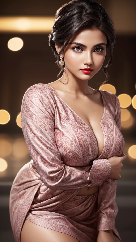 waist high body, big , night bokeh effect background, bodycon, Perfect pink eyes, Great face, Indian, Beautiful appearance, ((Red lips, Bright Eyes, Curve Heir 1.5)), ((Beautiful detailed body)), Amazing gorgeous, amazing beautiful face, Pretty face, Bright Eyes, allured chest, small waist, dynamic crouching pose, from below, Elegant printed shirt with attention to detail, Updo Elegant Hair, Blurred gray tone background, super concentrated, Illuminate, Facial details, 8k resolution, I drew, Dry brush, Brush strokes,