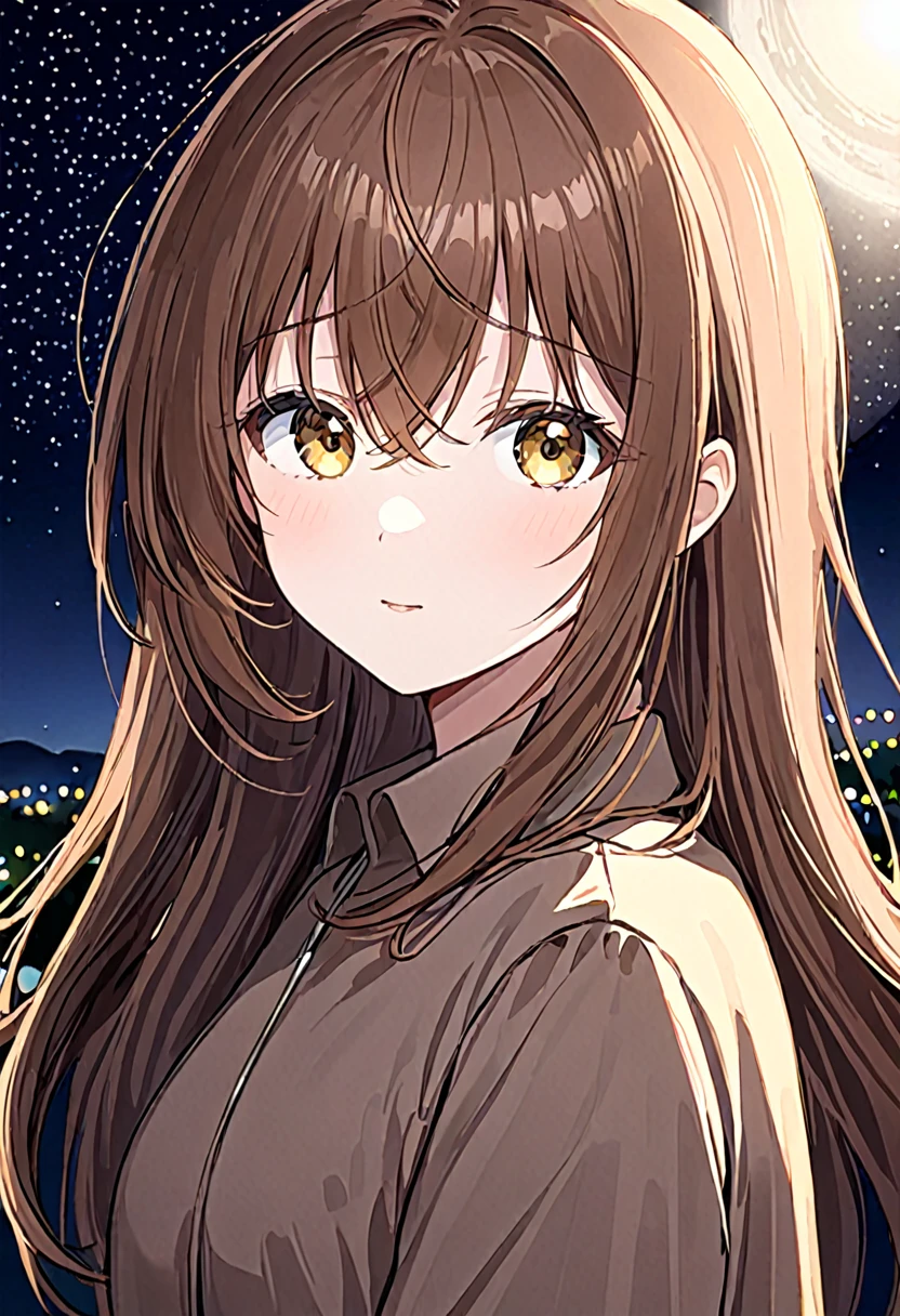 girl.Her hair is brown.Beautiful eyes.Hazel eyes.At night time.
Brown flowing hair. I grow.happy.Quiet.High quality.