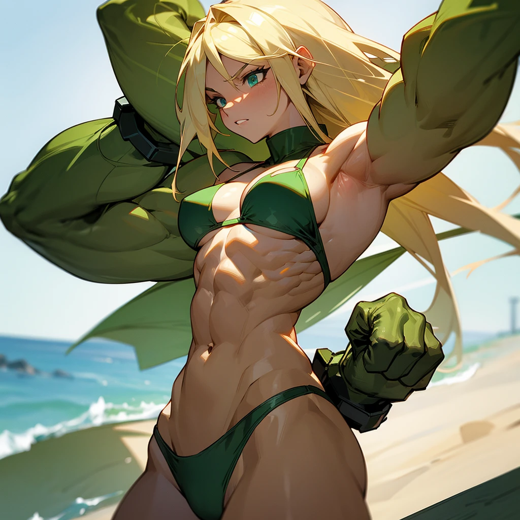 Muscular woman with bleached blonde hair in dark green bikini flexing her arms
