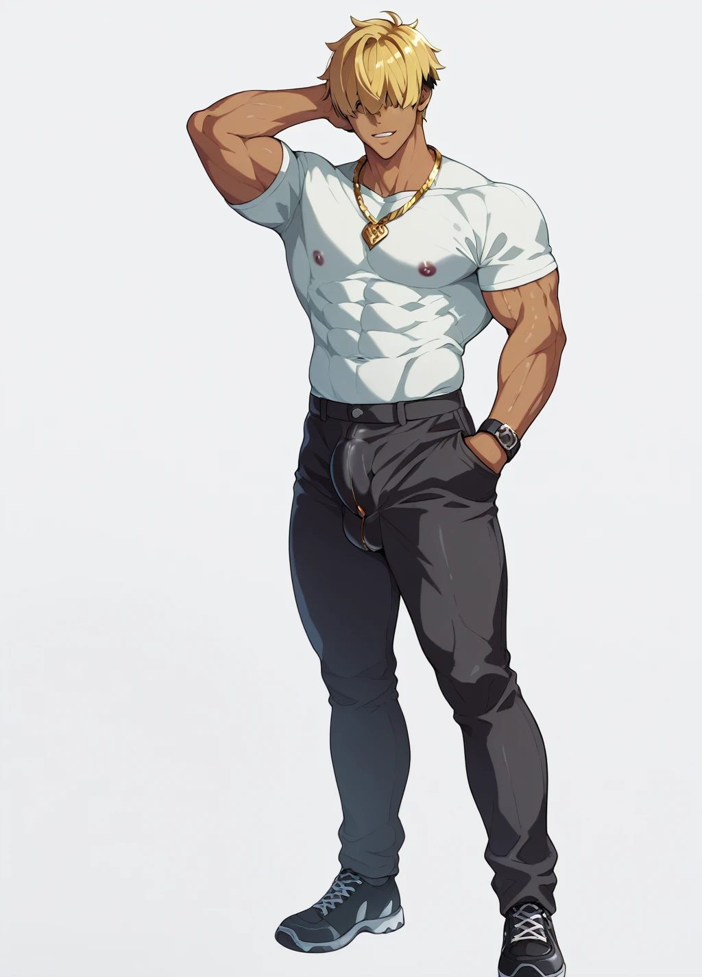 Blonde、Detailed illustrations、Ultra-precise expression、masterpiece、Highest quality、ultra High resolution、High resolution、Hiromitsu Takeda Style、White background、Simple Background、stand、whole body、1 young man、Brown Skin、hair over eyes、solo、Bad look、Black Hair、Muscular、stand、White clothes、Black pants、Gold Necklace、Black shoes、Red mark on the back of the right hand、One arm behind head、((Extra thick penis、Huge penis))、erection、