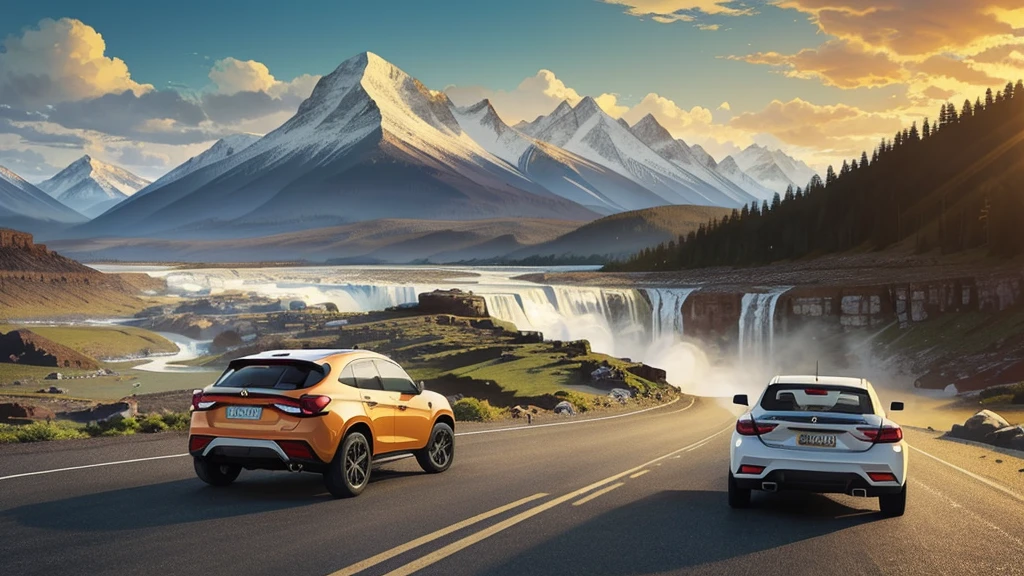 there is a car passing on the road near a waterfall, Gita exciting, Gita, stylized digital illustration, vehicle illustration, tourist destination, vacation, traveling through the mountains, with two snowy mountains in the background, a beach on the left side of the road, travel and adventure, advanced illustration, road to the sea, on a scenic background, hd illustration, detailed illustration, full page illustration, graphic illustration, White background, off road