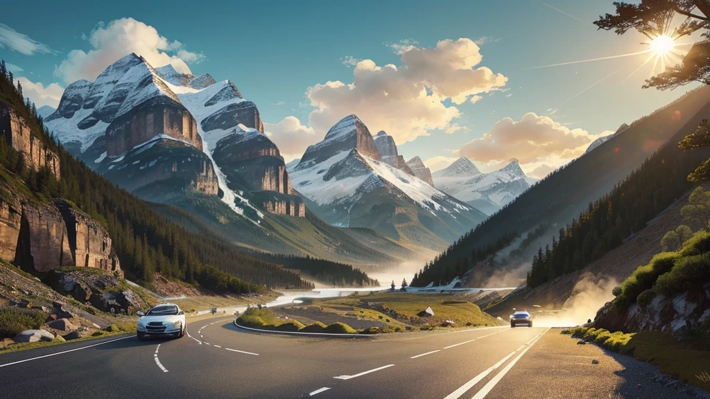 there is a car passing on the road near a waterfall, Gita exciting, Gita, stylized digital illustration, vehicle illustration, tourist destination, vacation, traveling through the mountains, with two snowy mountains in the background, a beach on the left side of the road, travel and adventure, advanced illustration, road to the sea, on a scenic background, hd illustration, detailed illustration, full page illustration, graphic illustration, White background, off road