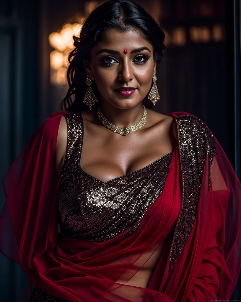 Looks like Nayanthara, milf, cougar lady witch, horny Gothic milf, 50 years old gorgeous mature lady, pervert demoness, demoness of lust, curvy, black lips, horny face, extremely gorgeous, thick figure, heavy physique, voluptuous, curvy, sexy figure, Fashionable portrait of androgynous alien looking witch wearing veil, glowing eyes, futuristic design, minimal details, givenchy, photoreal, 200mm, hd, f/ 2.0, highly detailed, surreal, sexy beautiful evil woman, sexy bold sequin Saree with strapless Bra, chudail, Pishachini, horror genre, blood-thirsty enchantress, powerful female spirit, eerie, drop dead, in the style of red and blue, (intricate details, hyperdetailed:1.15) (skin texture:1.2), dark Moody tone, cinematic lighting, haunted place in background,