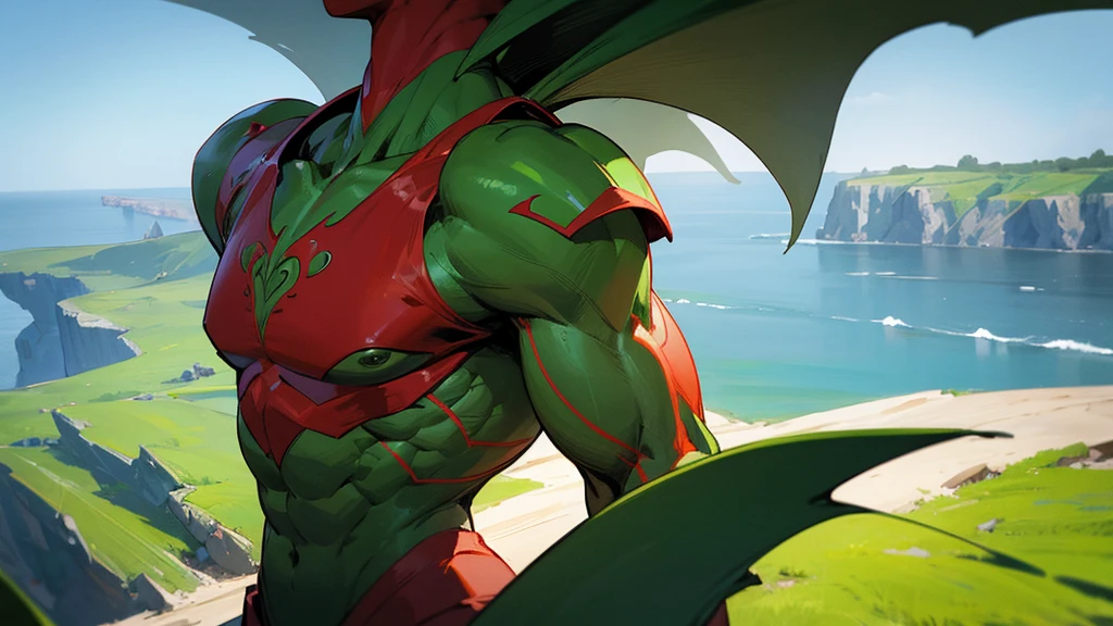 red and green muscular alien in front of camera, green planet, walking, cliffs in the background, dragon wings on back, upper body, looking towards camera