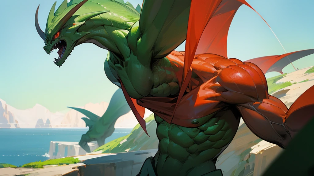 red and green muscular alien in front of camera, green planet, walking, cliffs in the background, dragon wings on back, upper body, looking towards camera