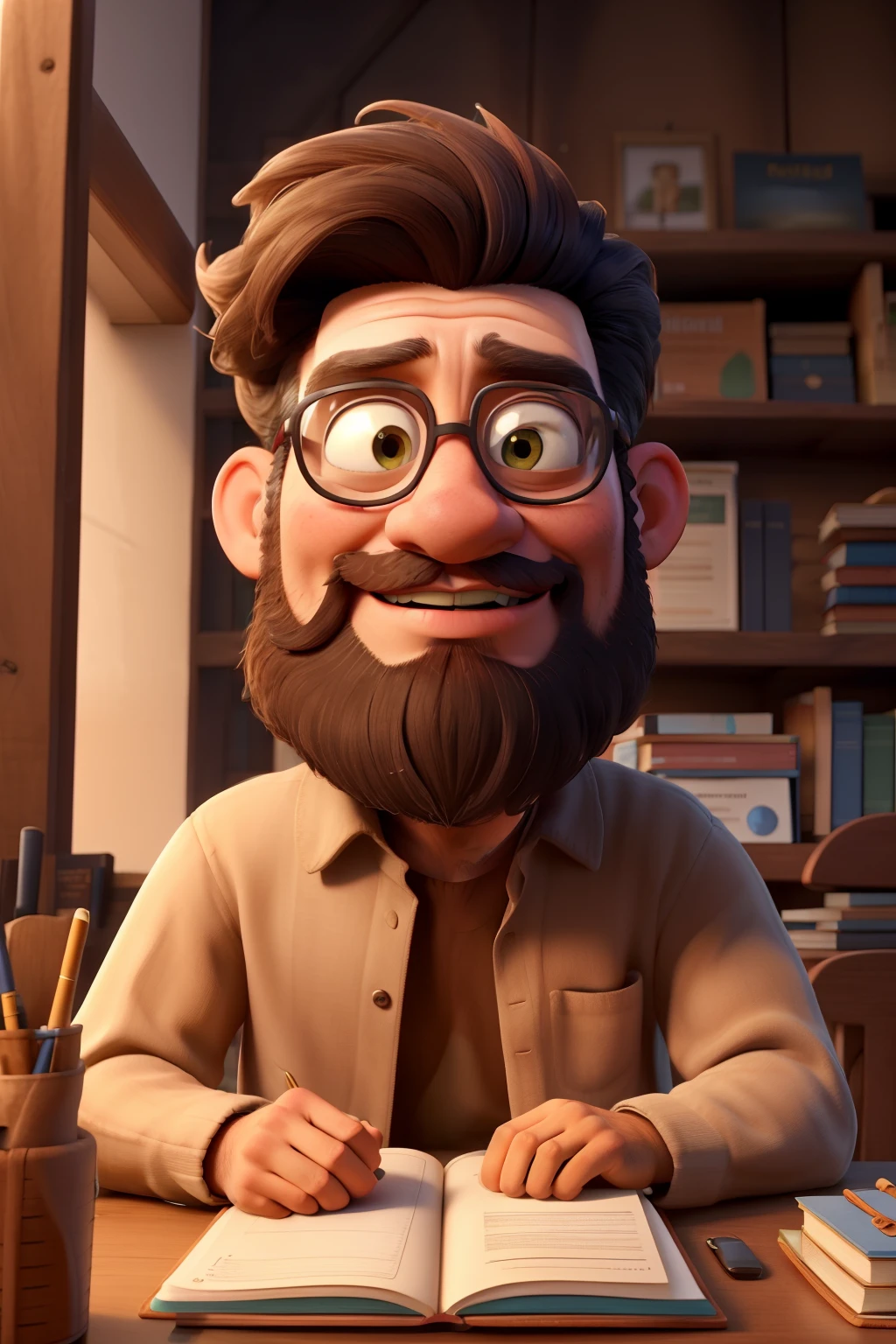 I want the image of Leonardo Davinci with a beard next to some books and notebooks


