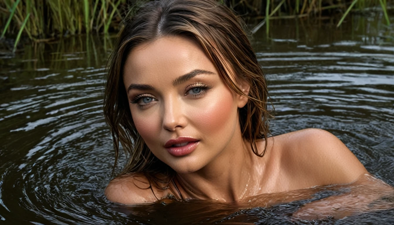 (Best Quality,4k,8k,High resolution,Masterpiece:1.2),ultra detailed,(realist,photorealist,photo-realist:1.37),portraits,detailed open eyes,detailed lips,long eyelashes,beautiful girl,drowning in a swamp,Closed eyes,swamp water,chest,floating,illustration,Cowboys,leather bikini,sexy expression,Mysterious atmosphere,dark shades,subtle lighting,vivid colors, half body shot, breasts visible, face of Miranda Kerr, coming out of the water
