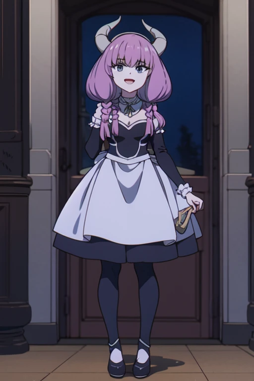 ((Best quality))),((Ultra-detailed)),((illustration)),((Disheveled hair)),((frilld)),(1 girl),(Solo), 1girl,lifted_by_self,looking_at_viewer,open_mouth,solo,rating:safe,apron,black_footwear,black_shoes,clothes_pull,clothing,:d,female,footwear,legwear,long_hair,maid,maid_apron,makaria,open-mouth_smile,puffy_sleeves,shoes,skirt,skirt_hold,skirt_lift,skirt_pull,maid_skirt,smile,standing,white_legwear, pink hair,grey eyes,Horns,