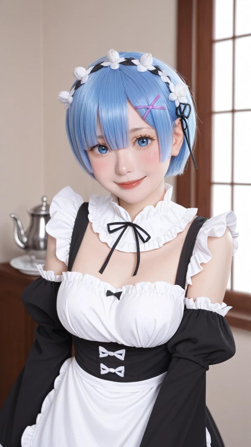 realistic,score_9, score_8_up, score_7_up, very aesthetic, absurdres,
rem_(re:zero), re:zero_kara_hajimeru_isekai_seikatsu, 1girl, blue_eyes, short_hair, blue_hair, hair_over_one_eye, asymmetrical_bangs, x_hair_ornament,wide_sleeves, apron, black_hair, black_sleeves, blunt_bangs, blush, breasts, detached_sleeves, dress, frilled_apron, frilled_sleeves, frills, hairband, juliet_sleeves, long_sleeves, maid, maid_apron, neck_ribbon, puffy_sleeves, ribbon, sleeveless, sleeveless_dress, waist_apron, smile, solo, teacup, teapot, upper_body, blue_flower, floral_background, flower, looking_at_viewer, UnderBoob,