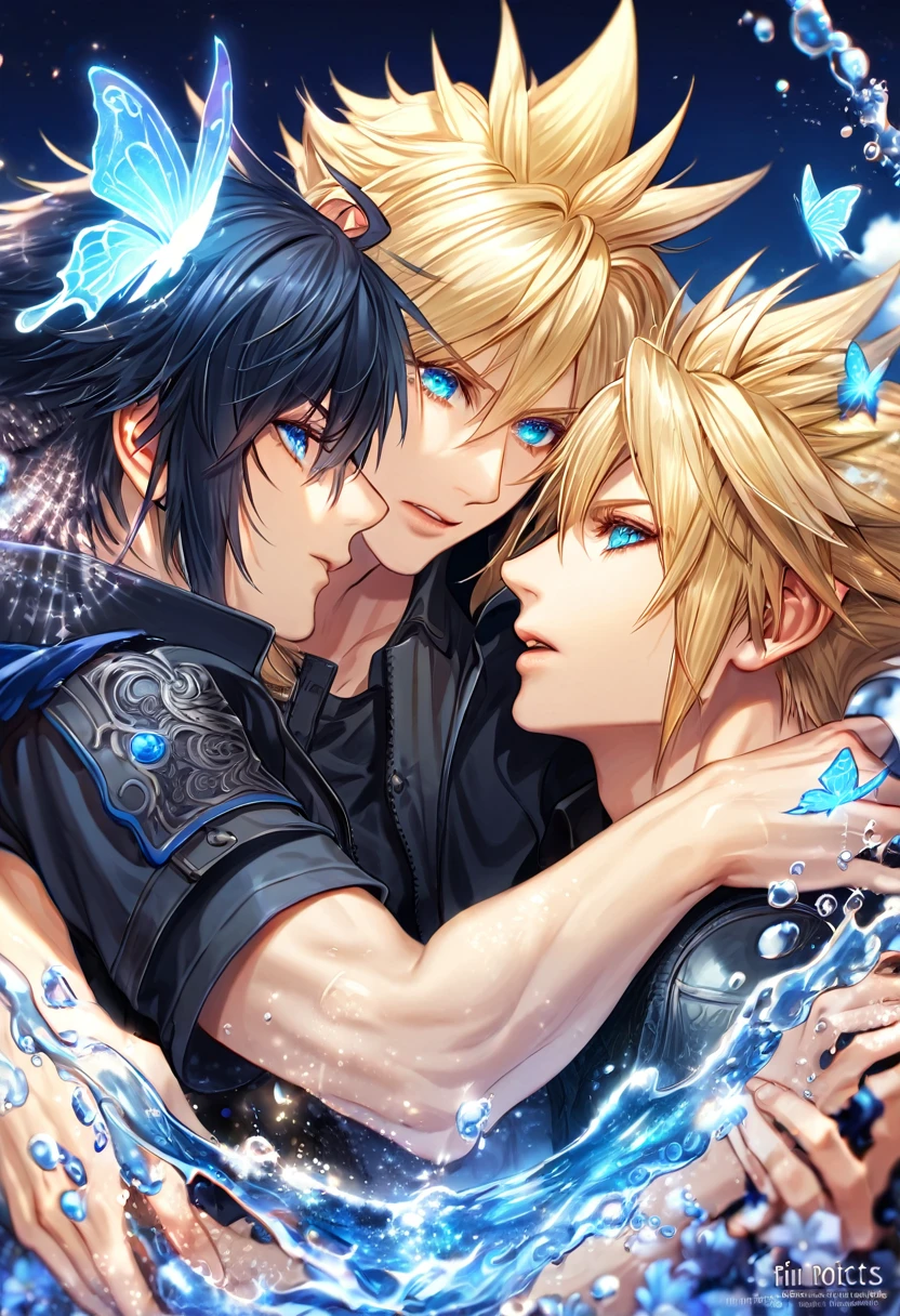 absurdres, highres, ultra detailed, HDR, master piece, best quality, extremely detailed, Cloud Strife, blonde hair, expressive blue eyes, Final Fantasy, Noctis Lucis Caelum, black hair, expressive blue eyes, two sexy men together, gay couple, yaoi, handsome, black clothes, fantasy, magic, sparkling, water, blue moon, blue flowers, blue butterflies, starry sky