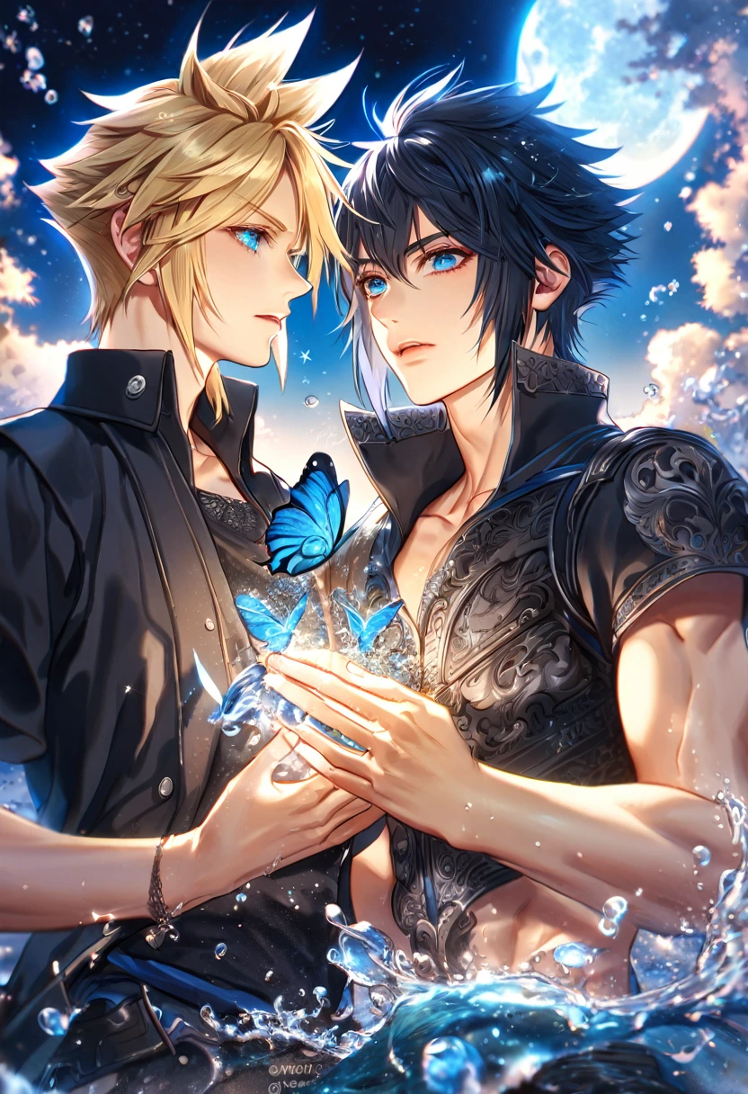 absurdres, highres, ultra detailed, HDR, master piece, best quality, extremely detailed, Cloud Strife, blonde hair, expressive blue eyes, Final Fantasy, Noctis Lucis Caelum, black hair, expressive blue eyes, two sexy men together, gay couple, yaoi, handsome, black clothes, fantasy, magic, sparkling, water, blue moon, blue flowers, blue butterflies, starry sky