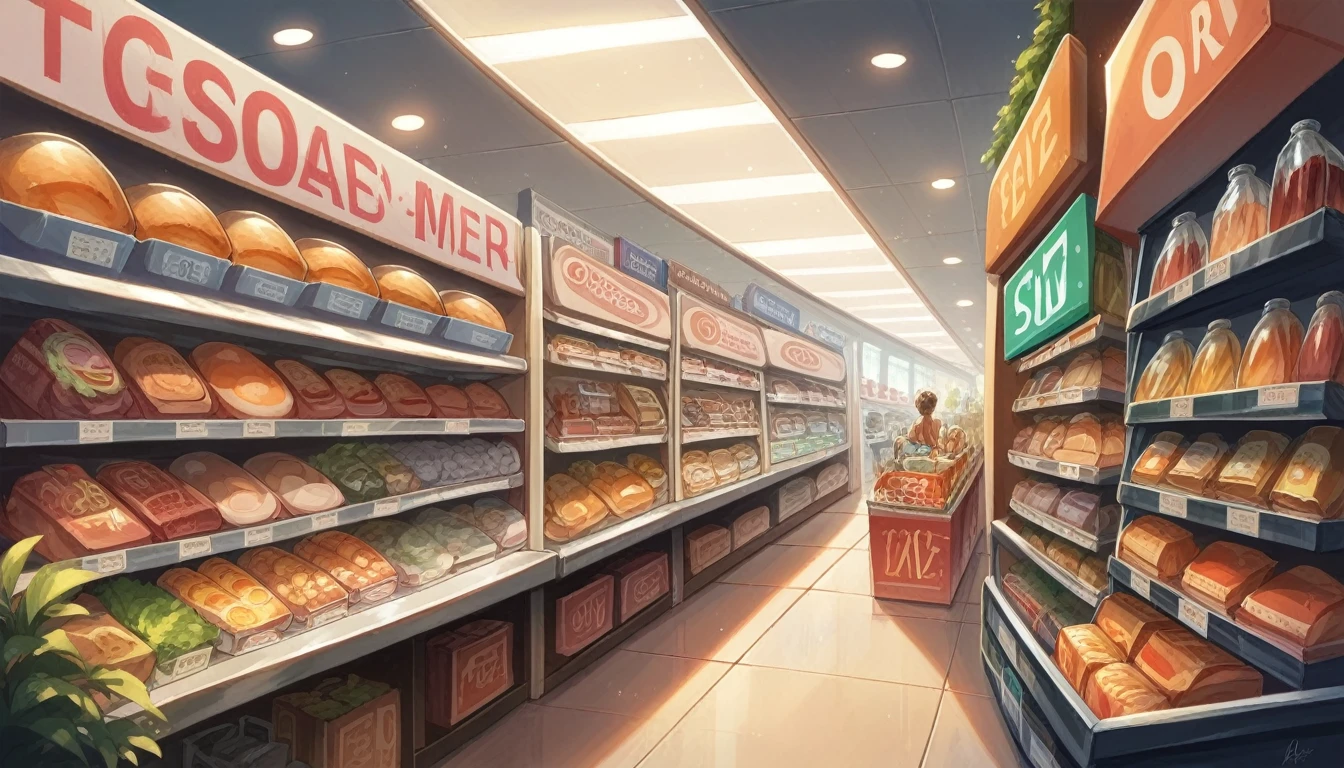 A YouTube cover depicting the interior of a supermarket, detailed 4K image of a business, store, a conceptual art for Ambient Music For Market, Store, Shopping, Bar, Restaurant | Background Sound