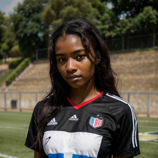 A girl who is French of Ghana origin who is rather black in color, she is brunette with hair on her back, has dark brown eyes, est une footballeuses professionnel, who is sweet and very kind, rather quiet,and quite shy, et une très bonne sportive,dress up with a football jersey with the number 10