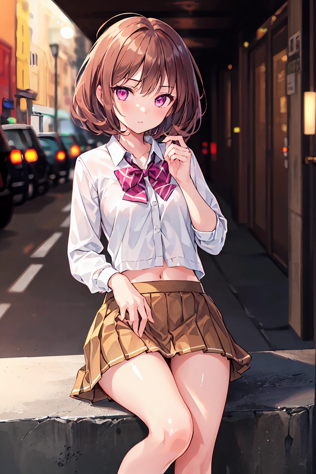 ((One Girl)), (Shortcuts), Brown Hair, Great face and eyes, Pink Eyes, (Amazingly beautiful girl), Brown Hair, (expensive , Pleated mini skirt:1.5), ((Highest quality)), (Super detailed), (Highly detailed CG synthesis 8k wallpaper), expensively detailed, expensive-definition raw color photos, Professional photography, (((Bokeh))), Depth of written boundary, Spread your legs,Small breasts,I feel a little strong,Beautiful feet
