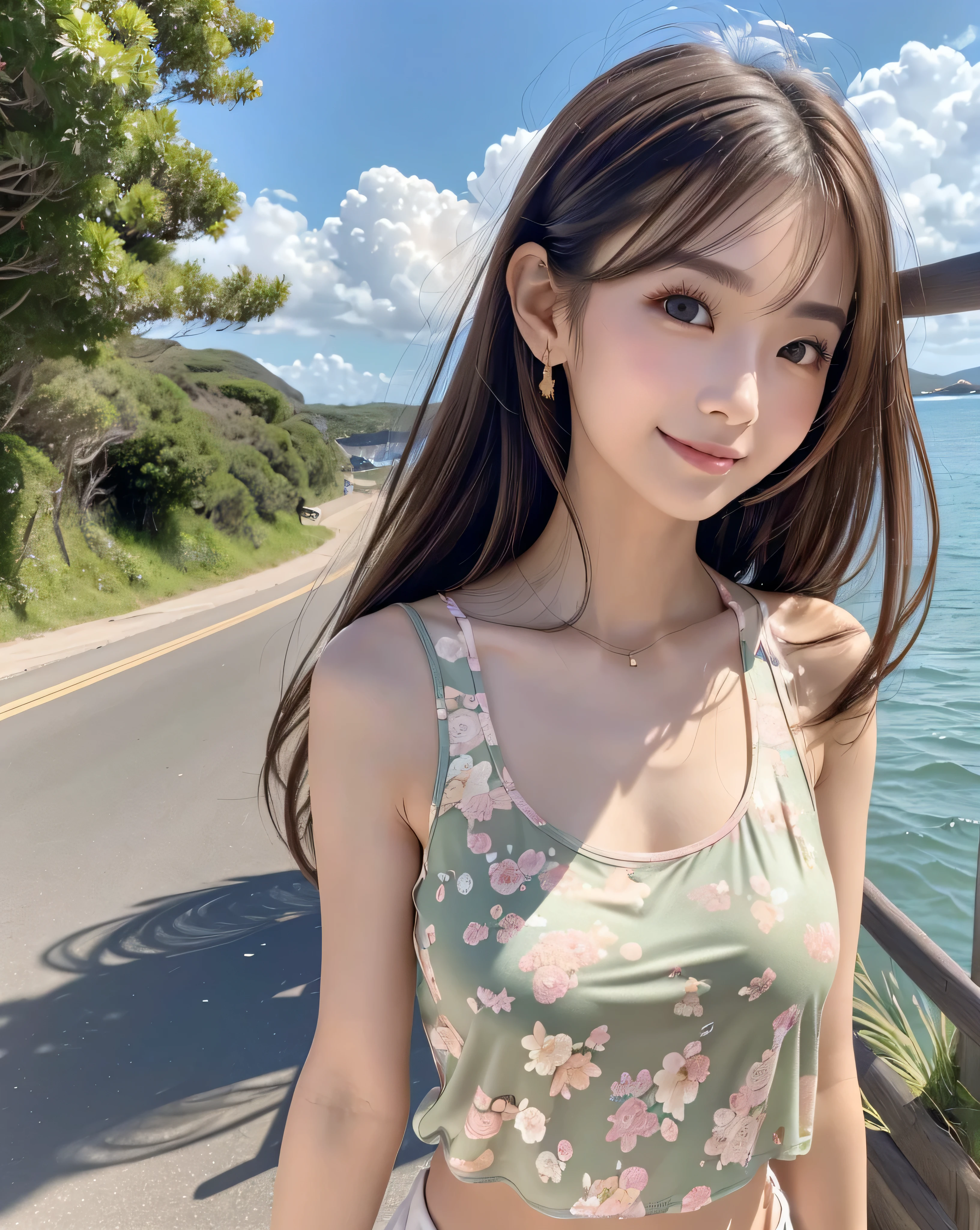 (Highest quality, 32k, High resolution, Masterpiece:1.5, ), marimo_jet, god々A photograph with brilliant dazzling and healing power., Evoking a sense of calm and elusive beauty, Expressing emotions, Have a rich imagination, The road to the horizon, Nostalgic scenery of youth, Beautiful Japanese Girls, An exceptionally beautiful face, Small Face Beauty, Perfect Human Anatomy, Magical big eyes, Motherhood and generosity, Deep Love, fleeting smile, ((Shiny brown hair:1.1)), ((A beautiful ponytail swaying in the wind)), Asymmetrical bangs, Hair between the eyes, Transparent, soft white skin, Sharp eyebrows, Thin lashes, Natural Makeup, Cheek highlighter, Pale pink detailed lips, (Floral tank top:1.4), High resolutionの美しい太もも, Beautiful legs, ((Walking the coastal highway:1.2)), ((The road to the horizon路)), Beautifully detailed skies, ((Shining in the morning sunlight)), Professional photographer, Professional Lighting, Professional models, God's Secret