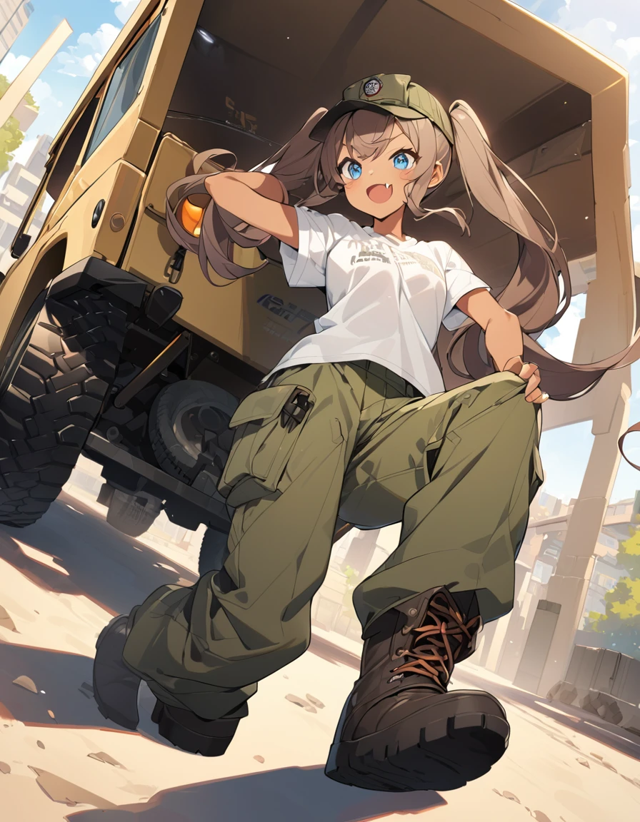 BREAK Perfect Anatomy、(High resolution:1.2)、Incredible illustrations、(Cute illustrations:1.2)、
()(dynamic angle,) （Beautiful background(army base))
1girl((brown hair,twin tails, tanned skin: 1.3,blue eyes,fang)1girl((a girl,slender 1.7meters, 45kg, ((Work caps, T-shirts, cargo pants, military boots),,)), driving a military jeep
