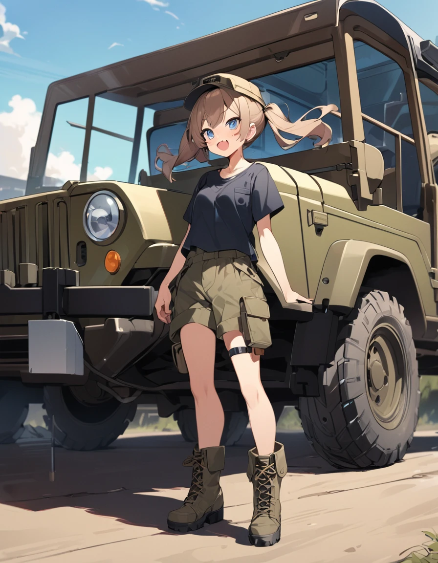 BREAK Perfect Anatomy、(High resolution:1.2)、Incredible illustrations、(Cute illustrations:1.2)、
()(dynamic angle,) (Beautiful background(army base))
1girl((brown hair,twin tails, tanned skin: 1.3,blue eyes,fang)1girl((a girl,slender 1.7meters, 45kg, ((Work caps, T-shirts, cargo pants, military boots),,)), driving a military jeep