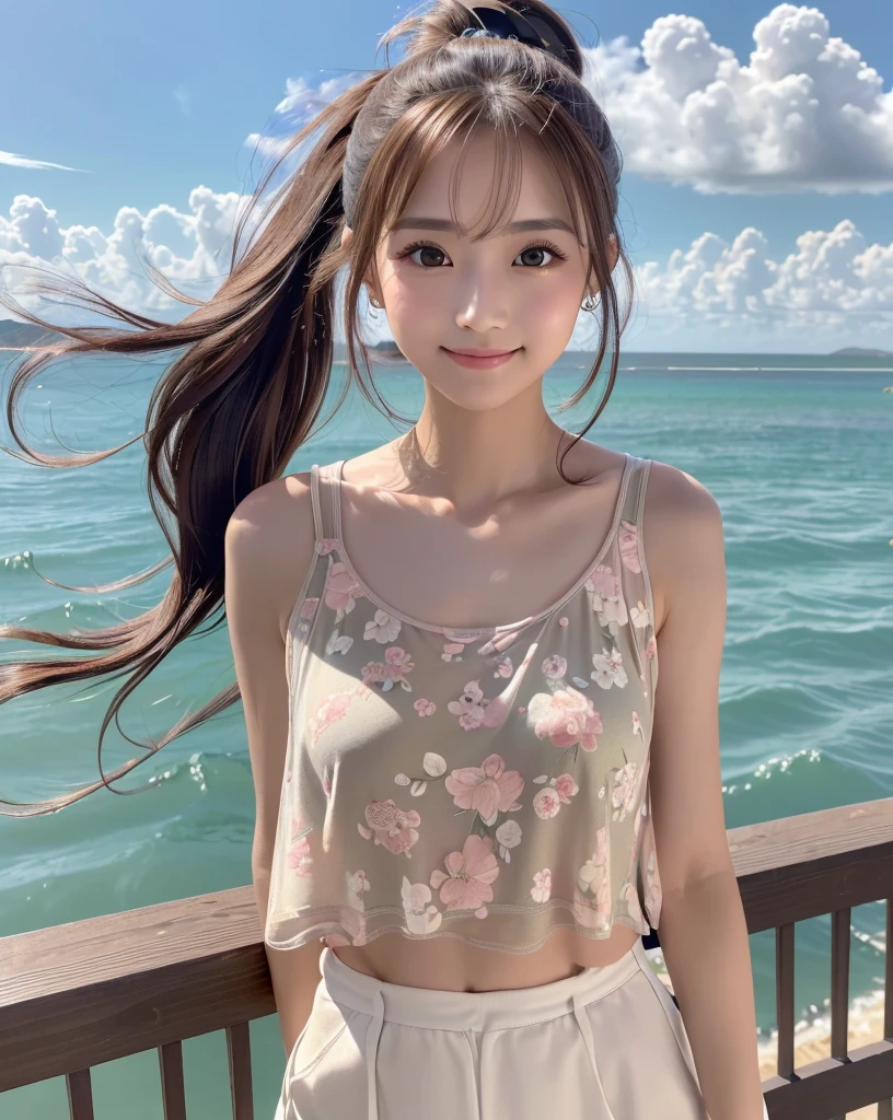 (Highest quality, 32k, High resolution, Masterpiece:1.5, ), marimo_jet, god々A photograph with brilliant dazzling and healing power., Evoking a sense of calm and elusive beauty, Expressing emotions, Have a rich imagination, The road to the horizon, Nostalgic scenery of youth, Beautiful Japanese Girls, An exceptionally beautiful face, Small Face Beauty, Perfect Human Anatomy, Magical big eyes, Motherhood and generosity, Deep Love, fleeting smile, ((Shiny brown hair:1.1)), ((A beautiful ponytail swaying in the wind)), Asymmetrical bangs, Hair between the eyes, Transparent, soft white skin, Sharp eyebrows, Thin lashes, Natural Makeup, Cheek highlighter, Pale pink detailed lips, (Floral tank top:1.4), High resolutionの美しい太もも, Beautiful legs, ((Walking the coastal highway:1.2)), ((The road to the horizon路)), Beautifully detailed skies, ((Shining in the morning sunlight)), Professional photographer, Professional Lighting, Professional models, god秘的