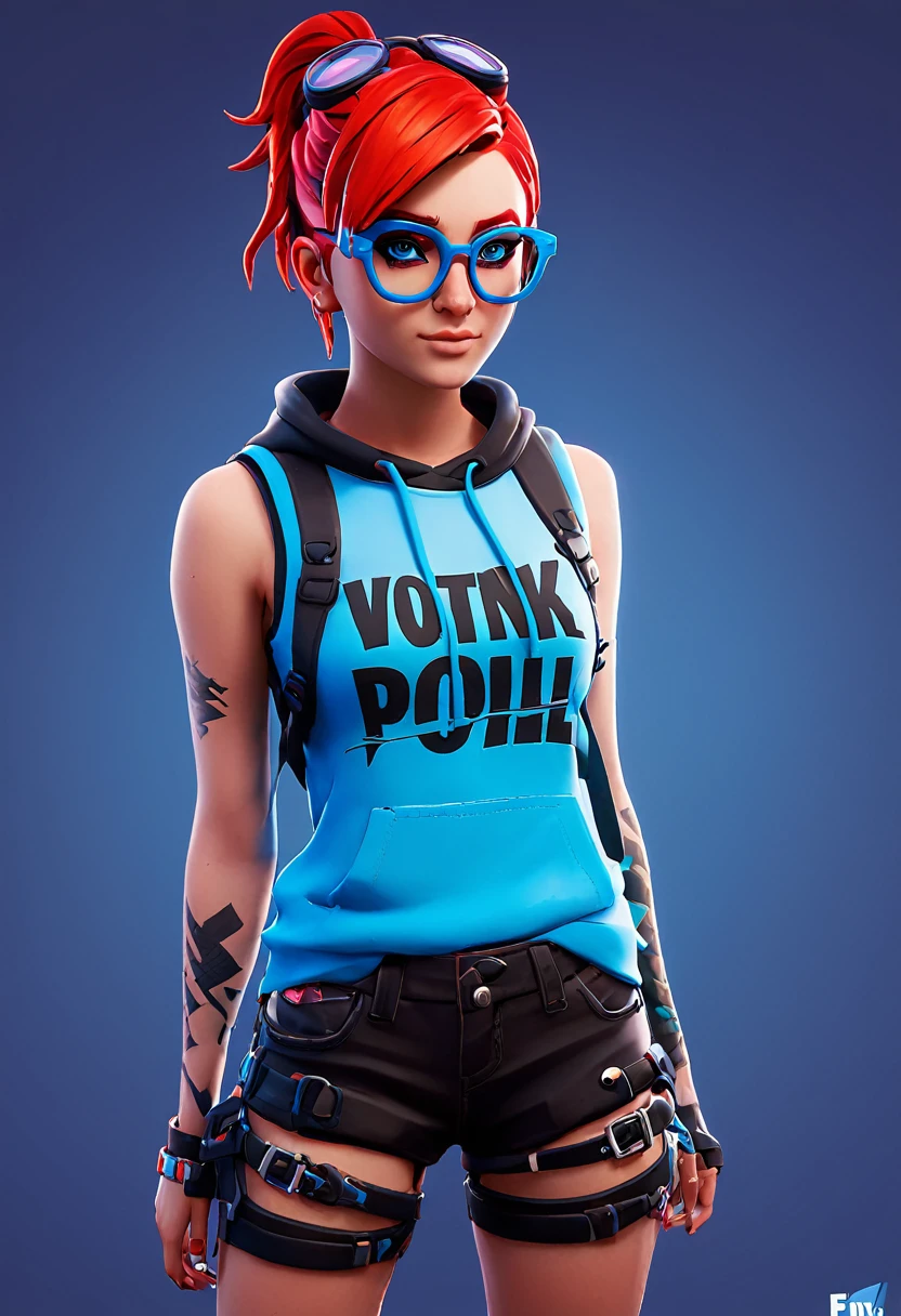 3d low poli game character, Fortnite style, emo girl, red head, blue eyes, round glasses, punk clothing