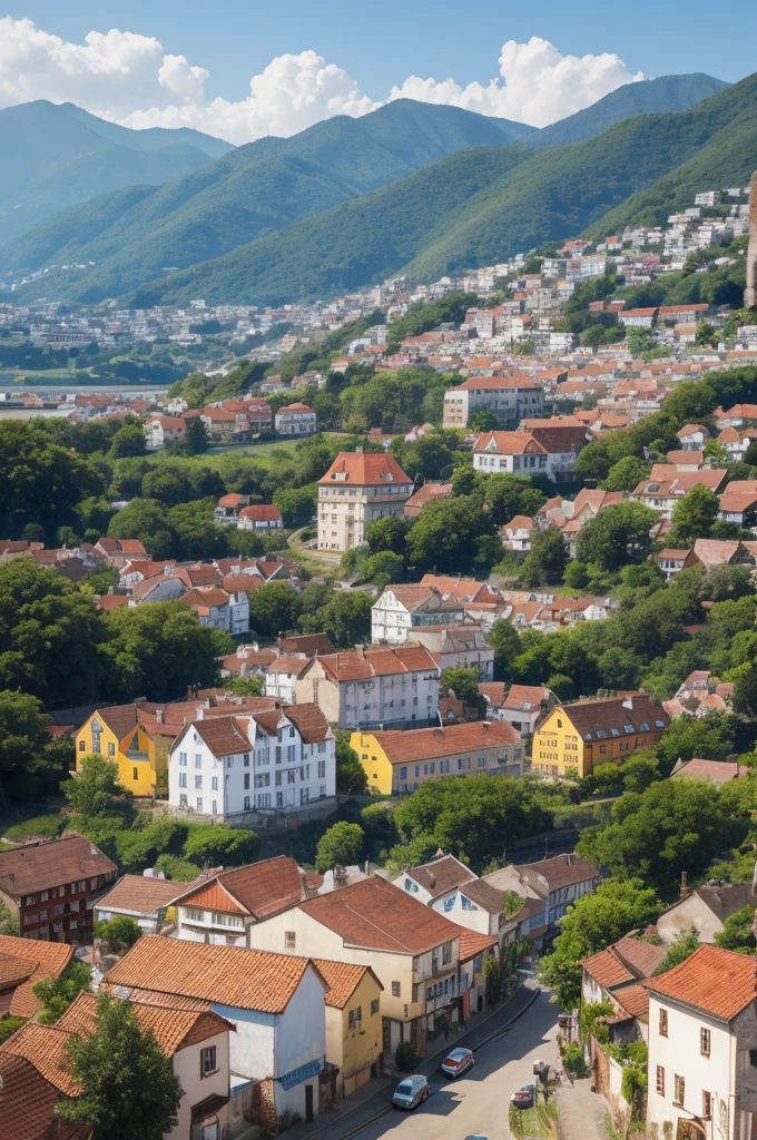 Town with old European colonial houses on a hill