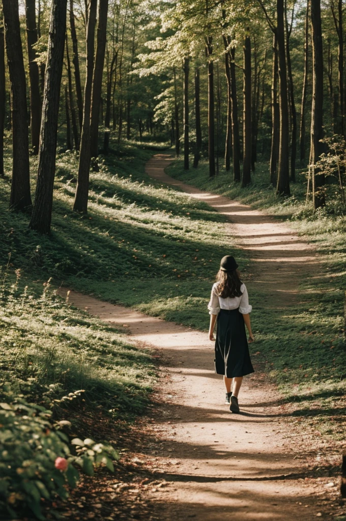 Young girl walking from behind. forest. Path of roses