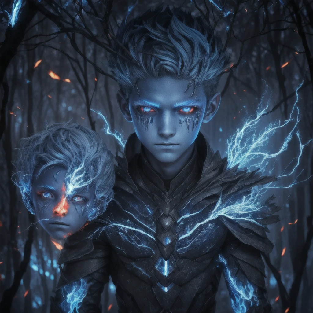 Humanoid boy with a cracked blue face and red eyes., In the style of intertwined branches, vray трассировка, from insects, burning/ charred, Process design, Supernatural beings, realistic human figures, underground fireflies, burning blue cotton hair