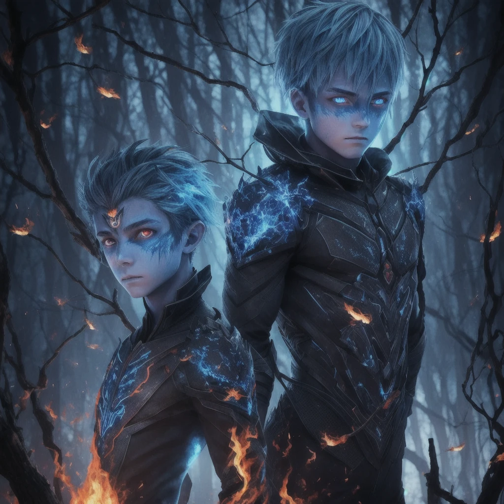 Humanoid boy with a cracked blue face and red eyes., In the style of intertwined branches, vray трассировка, from insects, burning/ charred, Process design, Supernatural beings, realistic human figures, underground fireflies, burning blue cotton hair 