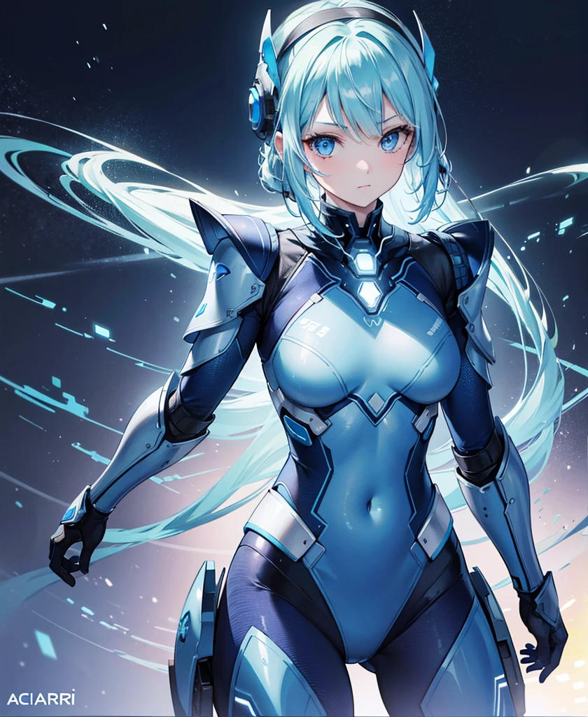 8K, Highest quality, (real:1.4), Original photo, 1 girl, Asari Hair, Biological Amplifier, refined armor, posture: Peace talks between warring factions, smart blue eyes,whole body