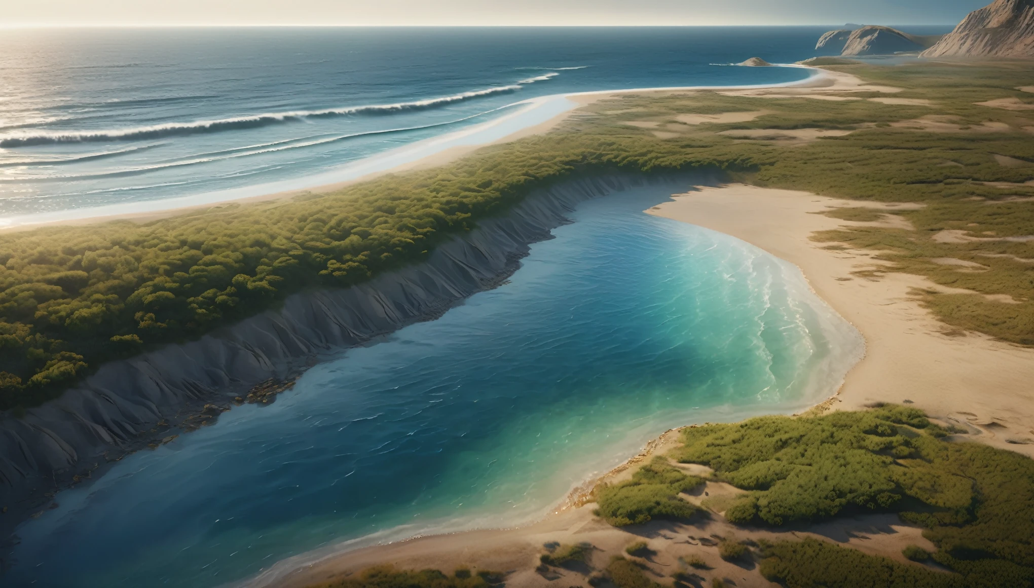 Hyper-realistic cinematic photographic patterns, lighting and ultra-detailed image. Creation of the Earth and Seas, Dry land emerging, with. In the background, the waters coming together to form the seas. natural and soft colors, focusing on the harmony between land and water. The atmosphere should convey a sense of divine fulfillment and peace. widescreen format image with 4K resolution.