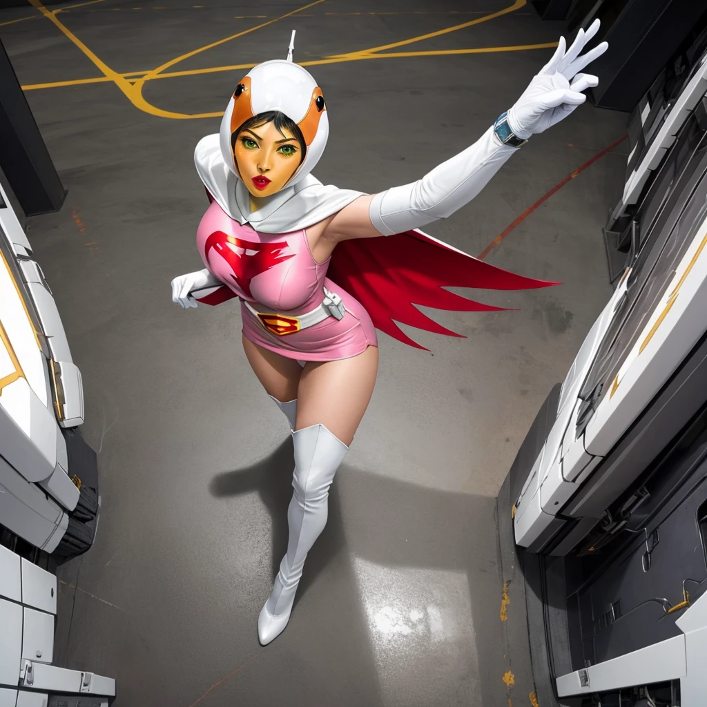 ANI_CLASSIC_jun_gatchaman_ownwaifu,1girl, 15yo,good anatomy, masterpiece, best quality,realistic, hyperrealistic, 16k hdr, long hair,breasts,green eyes,lips,large breasts,lipstick,makeup,gloves,cape,helmet,belt,elbow gloves,white gloves,mask,ultra miniskirt,leotard,spacesuit,white tight overknee highheels boots,pink dress,superhero,bodysuit,cleavage,erected nipples,(sexy pose,view from above),(spread legs:1.1),cameltoe